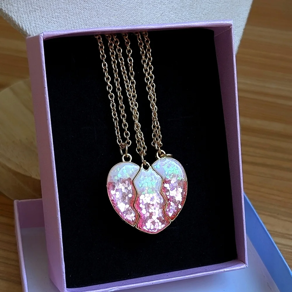 3 Best Friends Forever Trio pink glitter heart 3 pk necklaces School Bestie Gift